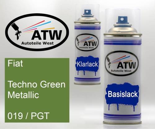 Fiat, Techno Green Metallic, 019 / PGT: 400ml Sprühdose + 400ml Klarlack - Set, von ATW Autoteile West.